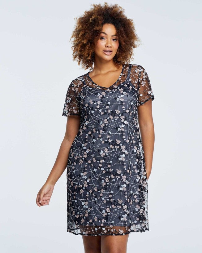 Rhea Embroidered Mesh Dress, Multi / Charcoal Grey, hi-res image number null