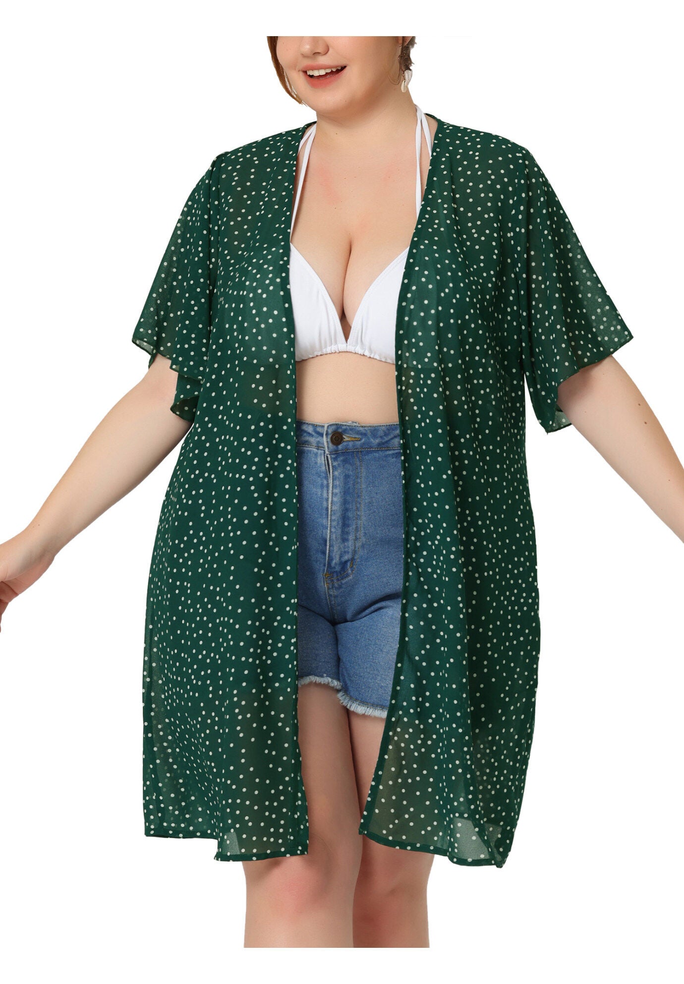 SHORT SLEEVE BIKINI POLKA DOTS KIMONO COVER UP, Green / Forest Green, alternate image number 1