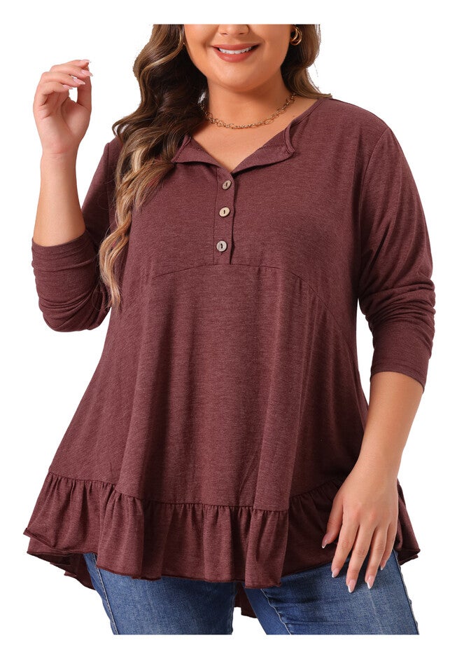 Henley V Neck Ruffled Hem Flowy Blouse Tunic, Burgundy / Red, alternate image number 1