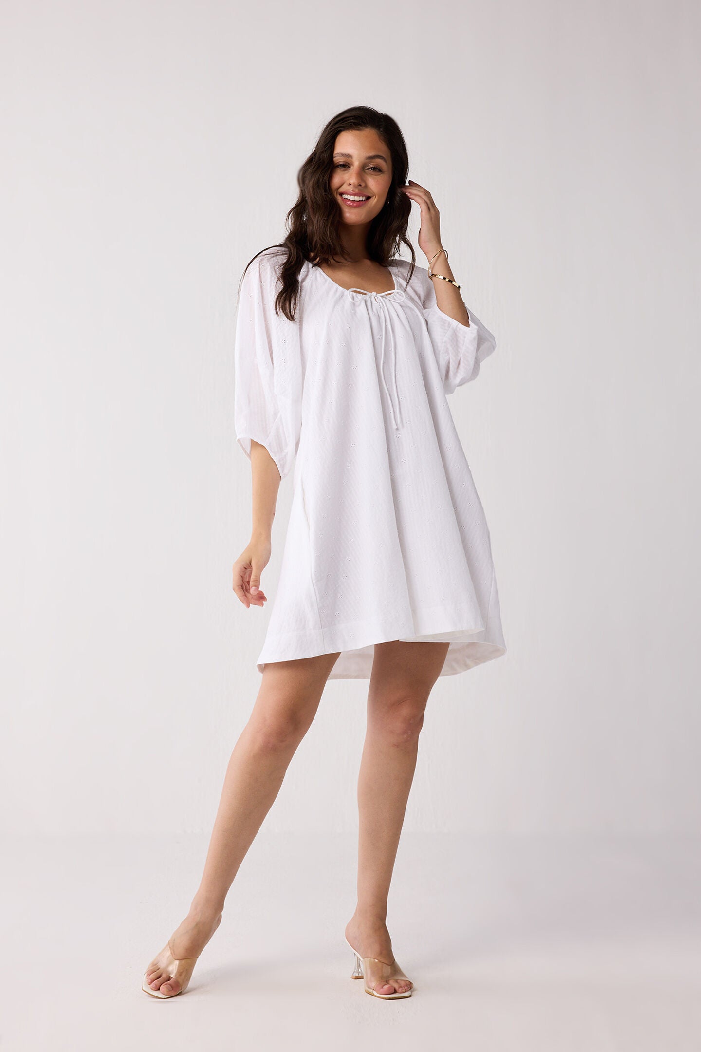Puff Sleeved Dress with Drawstring Neckline, Textured Eyelet in White / White, hi-res image number 0