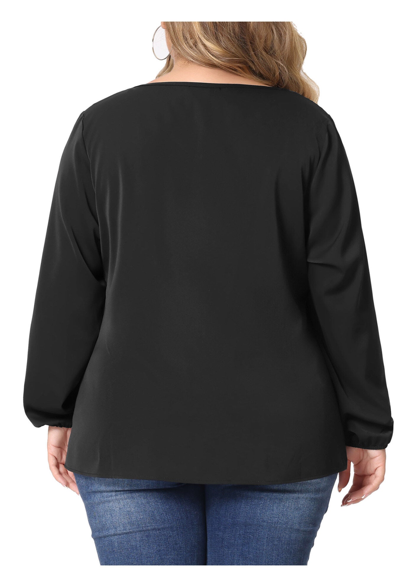 LONG SLEEVE LACE V NECK TOP, Black / Black, alternate image number 3