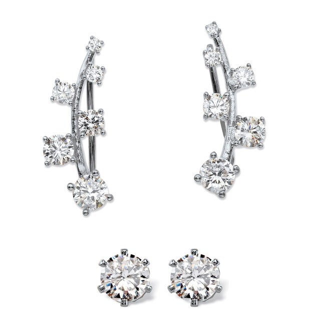 2.22 Cttw. Cubic Zirconia .925 Silver Ear Climber and Stud 2-Pair Earring Set, White / White, hi-res image number 0