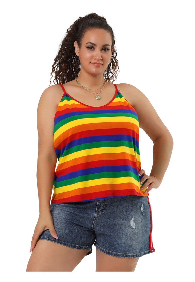 Stripe Cami Sleeveless Stretch Camisole Summer Top, Rainbow / Deep Fuchsia, hi-res image number null