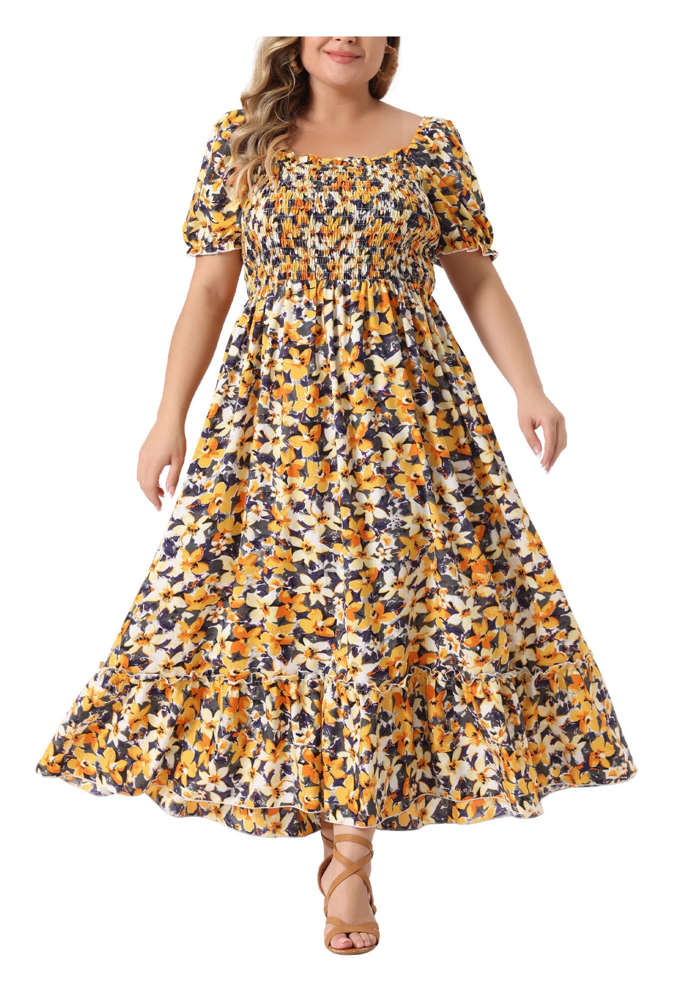 Short Sleeve Shirred Square Neck Floral Maxi Dress, Yellow / Yellow, alternate image number 2