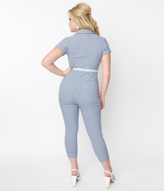 Unique Vintage Navy & White Gingham Bold Moment Jumpsuit, , alternate image number null