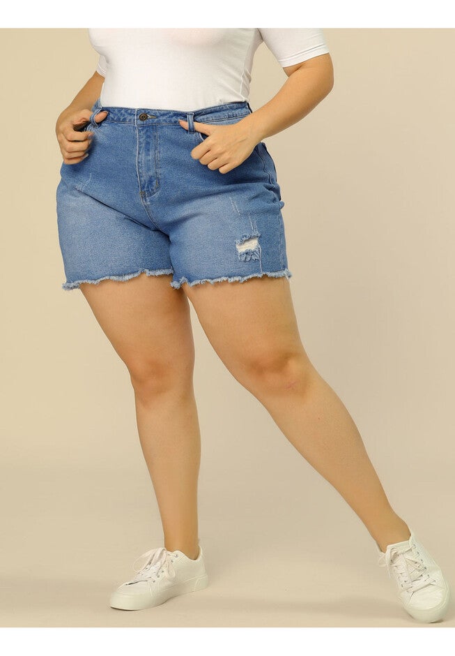 HIGH WAISTED RIPPED STRETCHY DENIM JEAN SHORTS, Light Blue / Light Blue, alternate image number 3