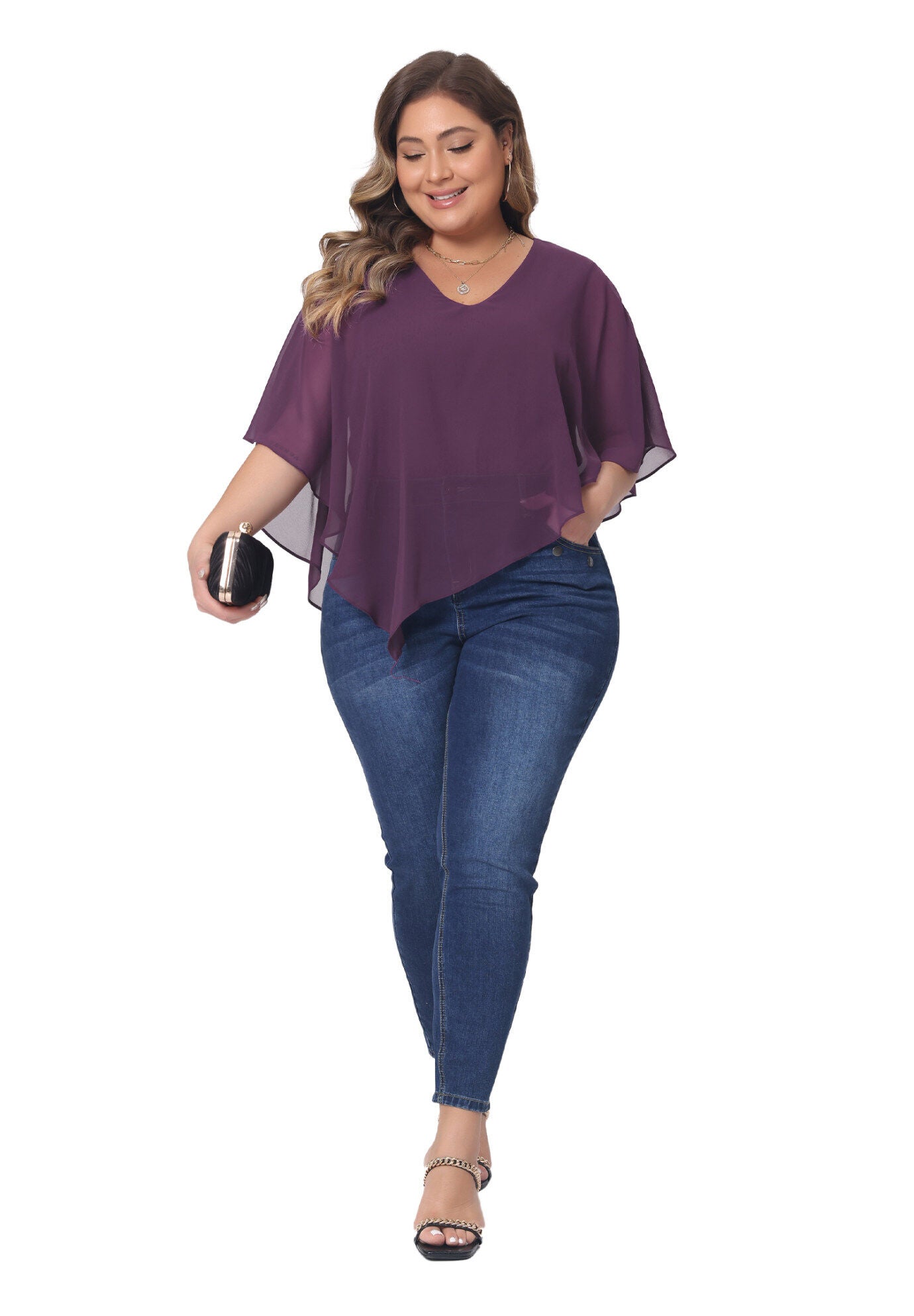 V Neck Flowy Shirt Double Layered Chiffon Top, Purple / Purple, hi-res image number 0