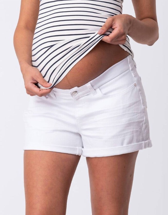Denim Under Bump Maternity Shorts In White, White / White, hi-res image number 0