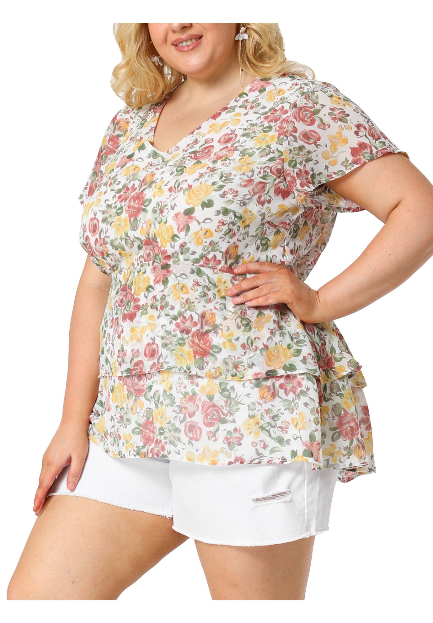 Short Sleeve Layered Casual Floral Blouse Summer Top, White / White, alternate image number 1