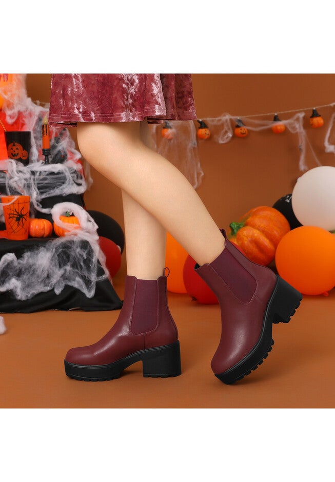 Platform Chunky Heel Booties Chelsea Boots, Burgundy / Burgundy, alternate image number 1