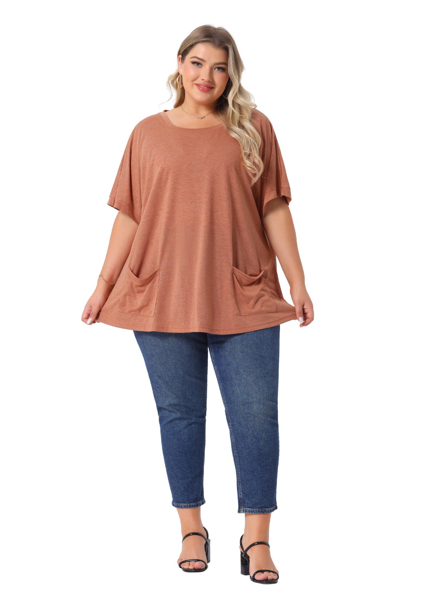 Short Sleeve Top Loose Fit Summer T-Shirt with Pocket, Brick Red / Terracotta, hi-res image number 0