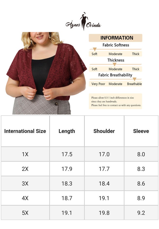 OPEN FRONT SHORT SLEEVE CROCHET LACE CROPPED BOLERO SHRUG CARDIGAN, Burgundy / Red, alternate image number 2