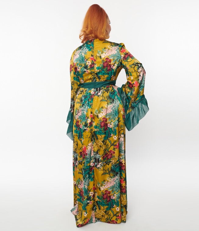 Unique Vintage Yellow & Teal Floral Print Maxi Dress, Yellow / Mustard, alternate image number null