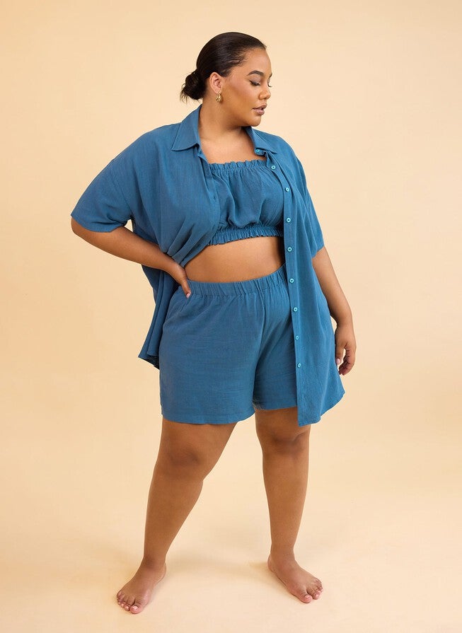 CLIO LINEN PEASANT CROP TOP - CADET BLUE, Blue / Azure Blue, alternate image number 1