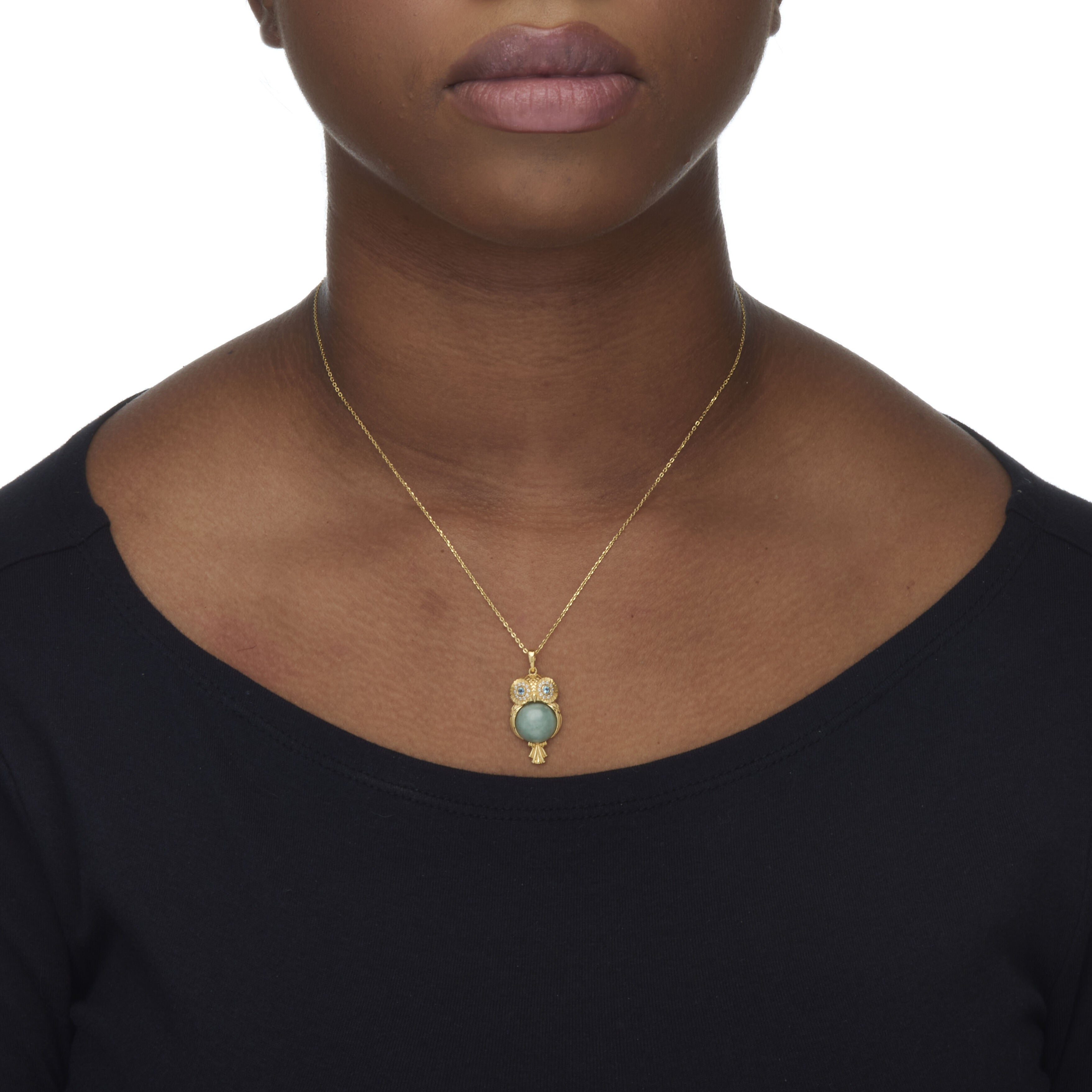 Round Cut Genuine Green Jade 18k Gold-plated Owl Pendant Necklace, 18 inches, Green / Forest Green, alternate image number 2