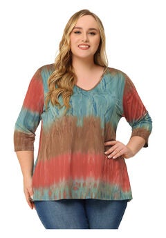 V Neck 3/4 Sleeve Loose Casual Striped Tie Dye Print T-Shirt Top