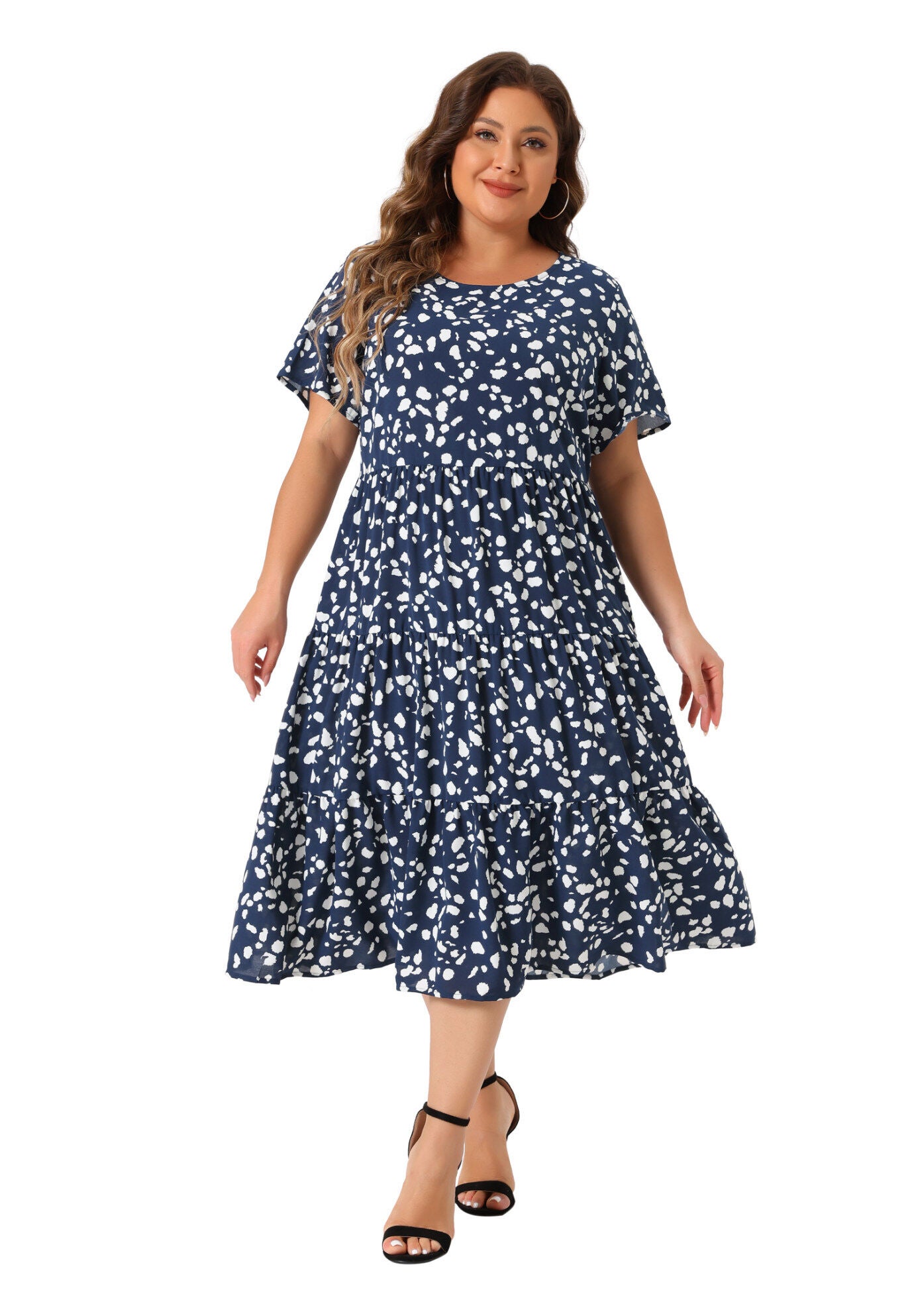 Polka Dots Short Sleeve Midi Layered Dress, Dark Blue / Navy, hi-res image number 0