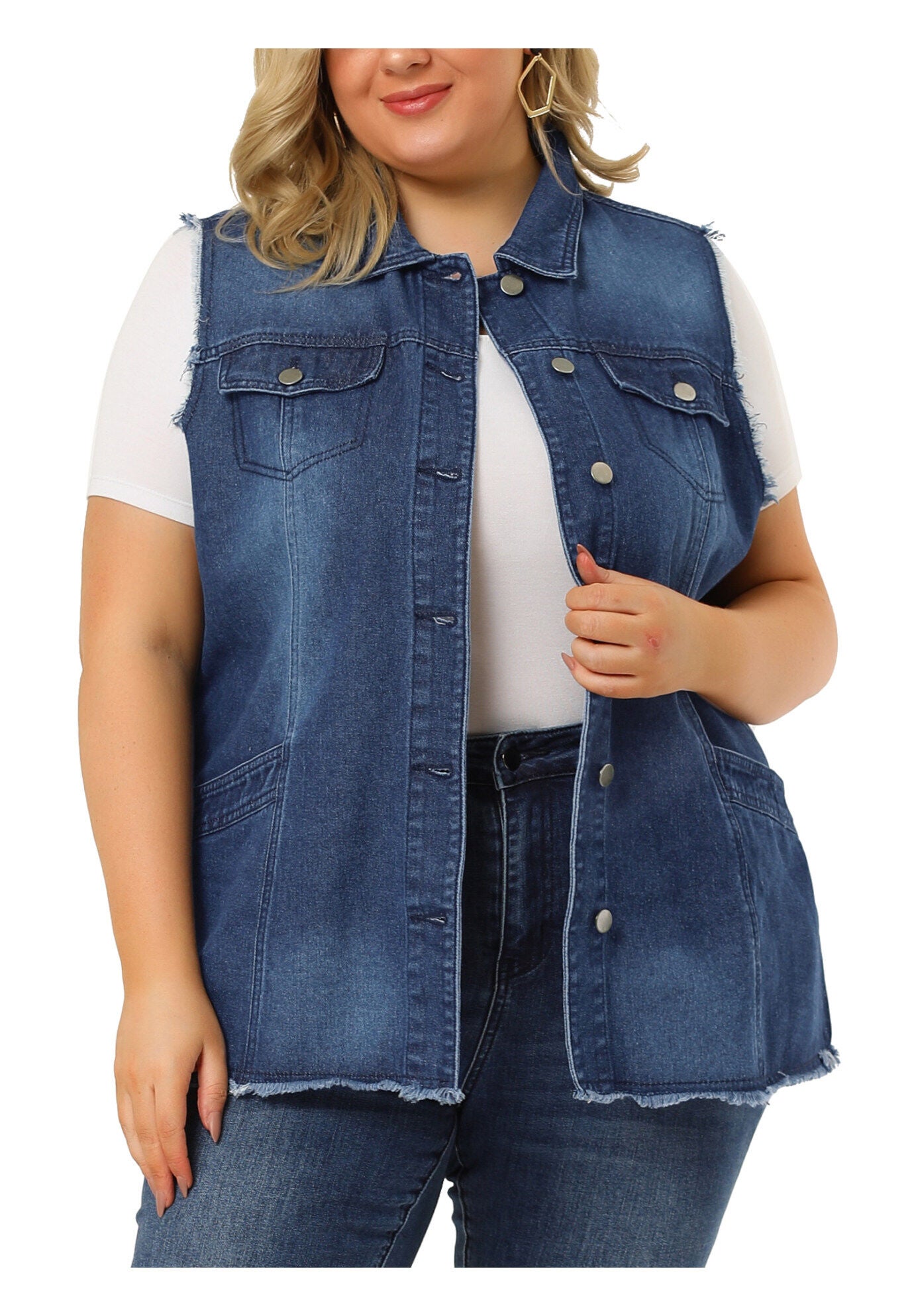 BUTTON FRONT LAPEL FRAYED WASHED SLEEVELESS LONG DENIM VEST, Dark Blue / Navy, alternate image number 2