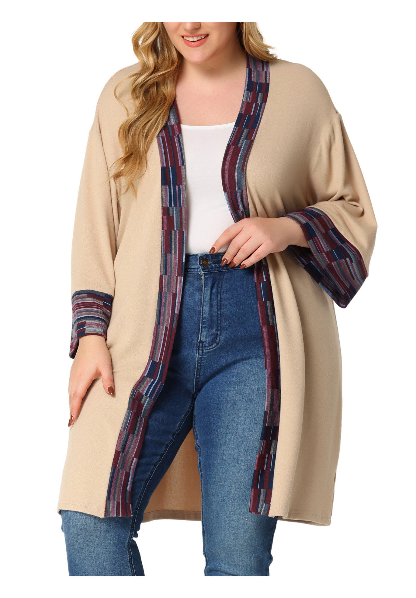 OPEN FRONT BOHO BOHEMIAN KNIT CARDIGAN, Khaki / Brown, alternate image number 1