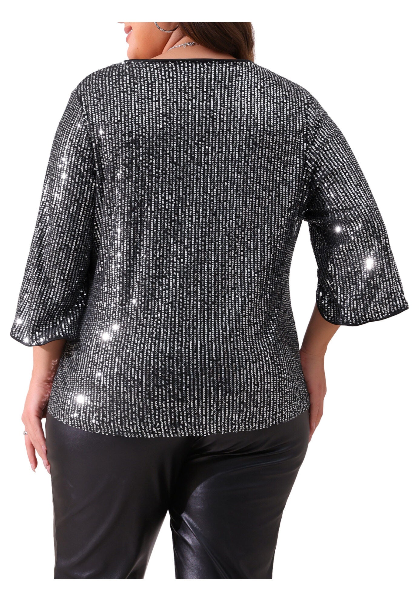Glitter 3/4 Slit Sleeve Shimmer Sequin Blouse Top, Black / Black, alternate image number 3