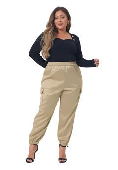 SATIN JOGGERS ELASTIC WAIST ATHLEISURE ANKLE LENGTH CARGO PANTS