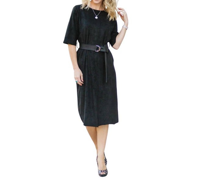 THE TRISTEN FAUX SUEDE DRESS IN BLACK, Black / Black, hi-res image number null