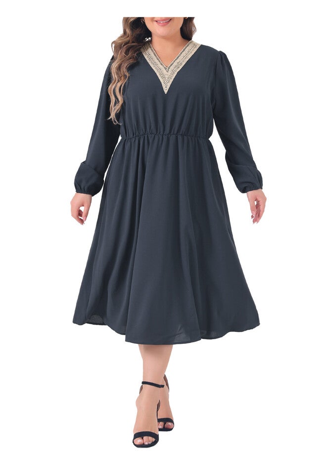 Lace Trim V Neck Long Sleeve Stretchy Casual Midi Dress, Dark Blue / Navy, alternate image number 2