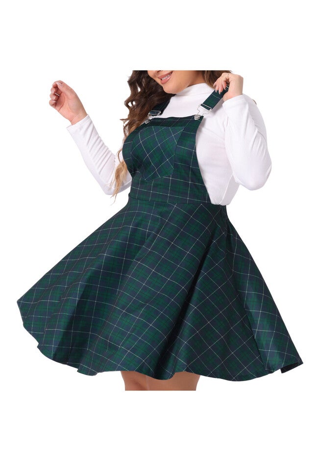 Plaid Printed Overall Pinafore Swing Adjustable Straps Dress, Green / Forest Green, alternate image number 2