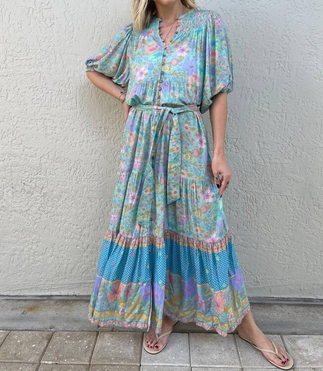 HIBISCUS LANE BUTTON THROUGH MAXI GOWN IN BLUE FLORAL, Blue Floral / Light Blue, hi-res image number 0