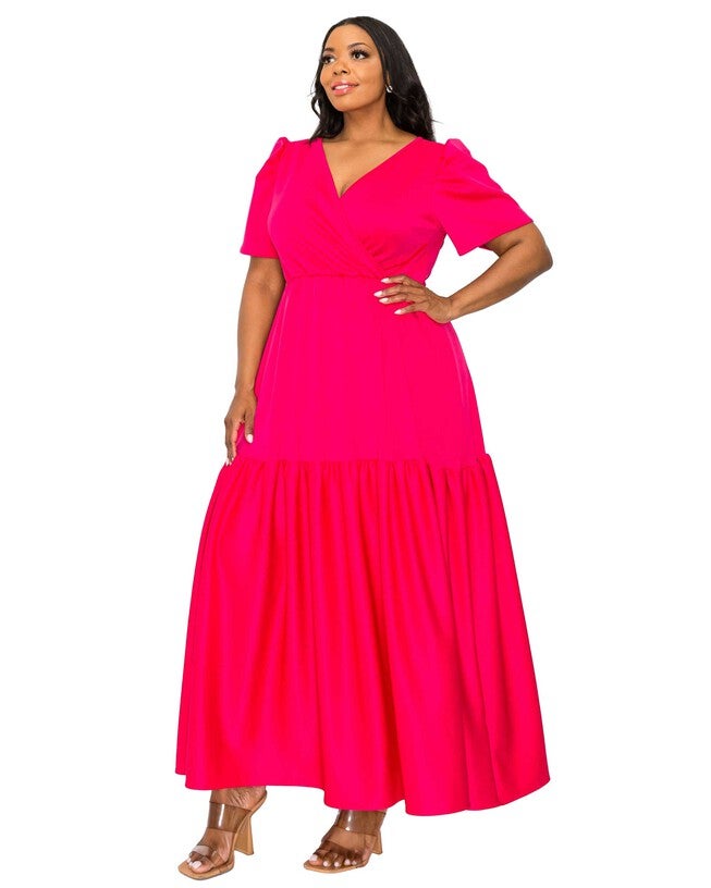 JOLI SURPLICE NECK DRESS, Fuchsia / Pink, alternate image number 2