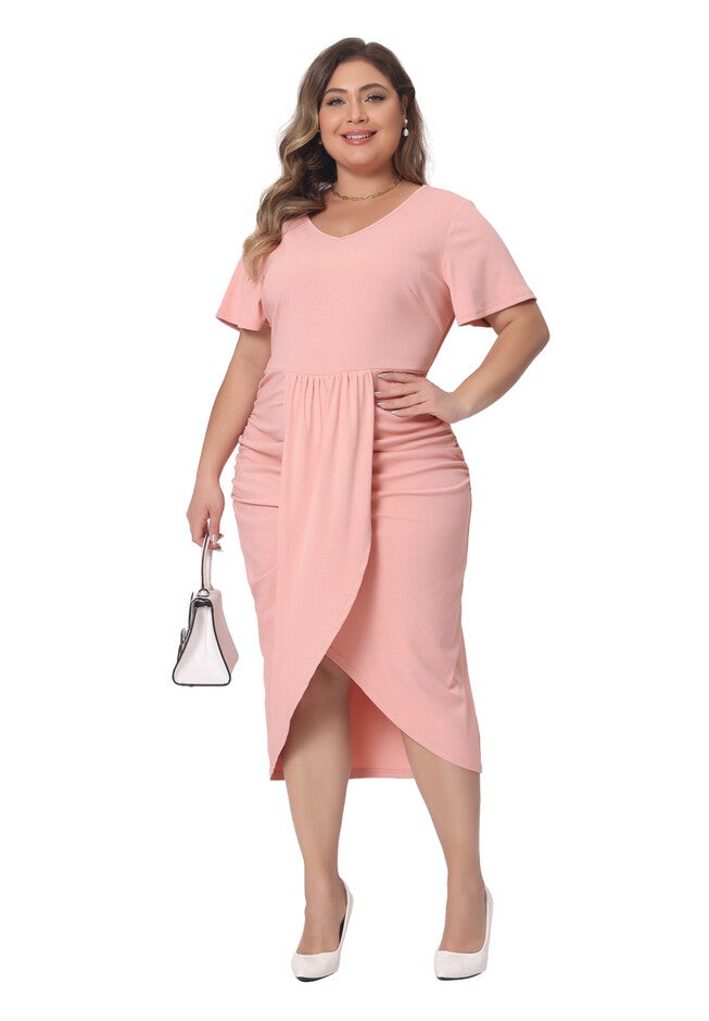 Elegant Short Sleeve Wrap V Neck Ruched Slit Bodycon Cocktail Dress, Pink / Navy, hi-res image number 0