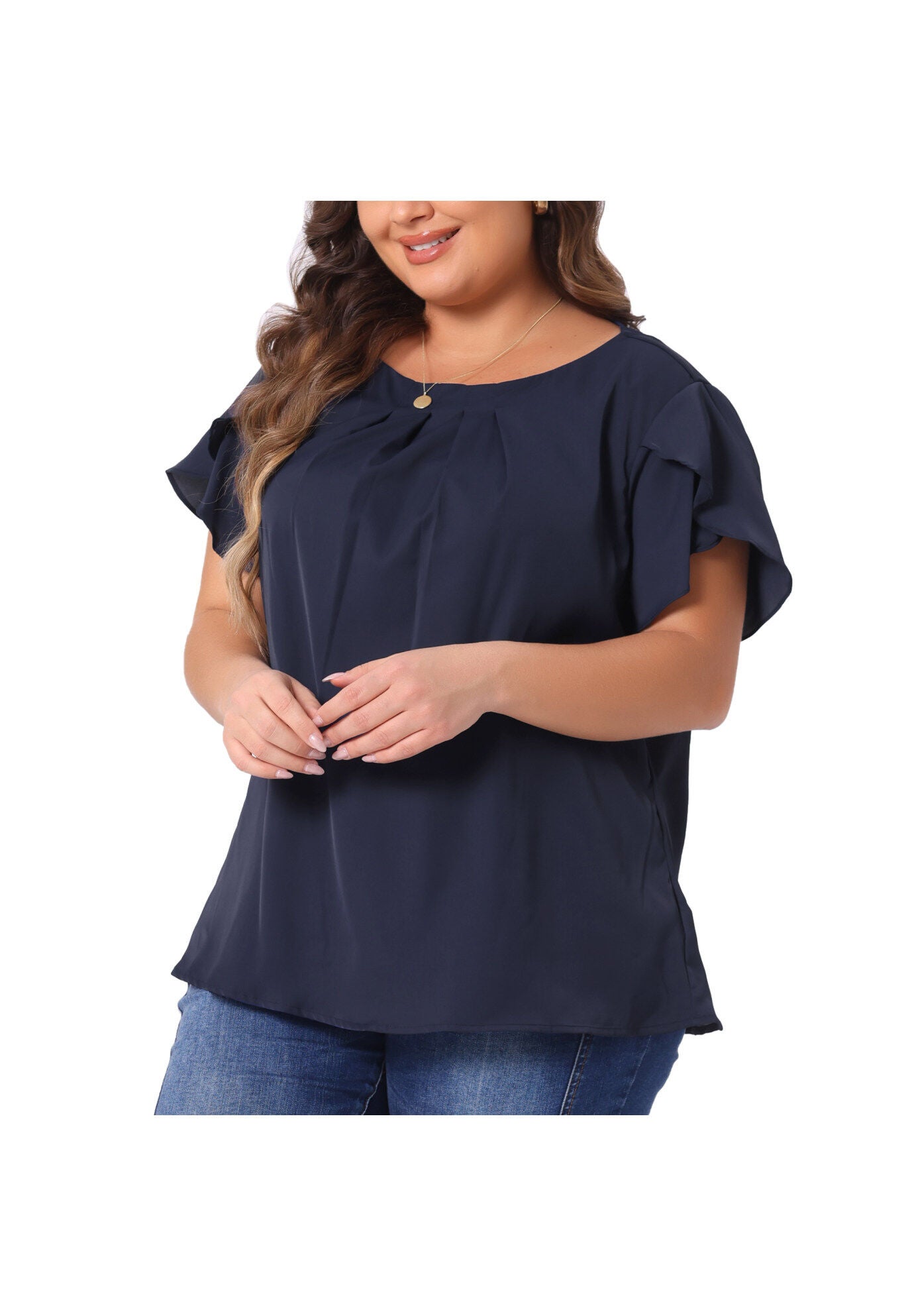 Round Neck Pleated Top Tulip Sleeves Blouse Top, Dark Blue / Navy, alternate image number 1