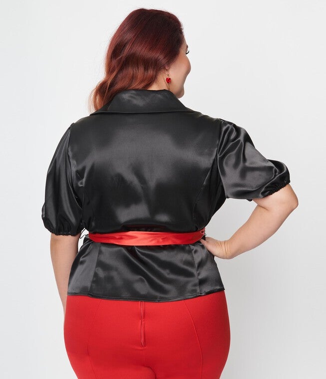 Unique Vintage Plus Size Black & Red Lock & Key Sashed Blouse, Black  Red / Black, alternate image number 3