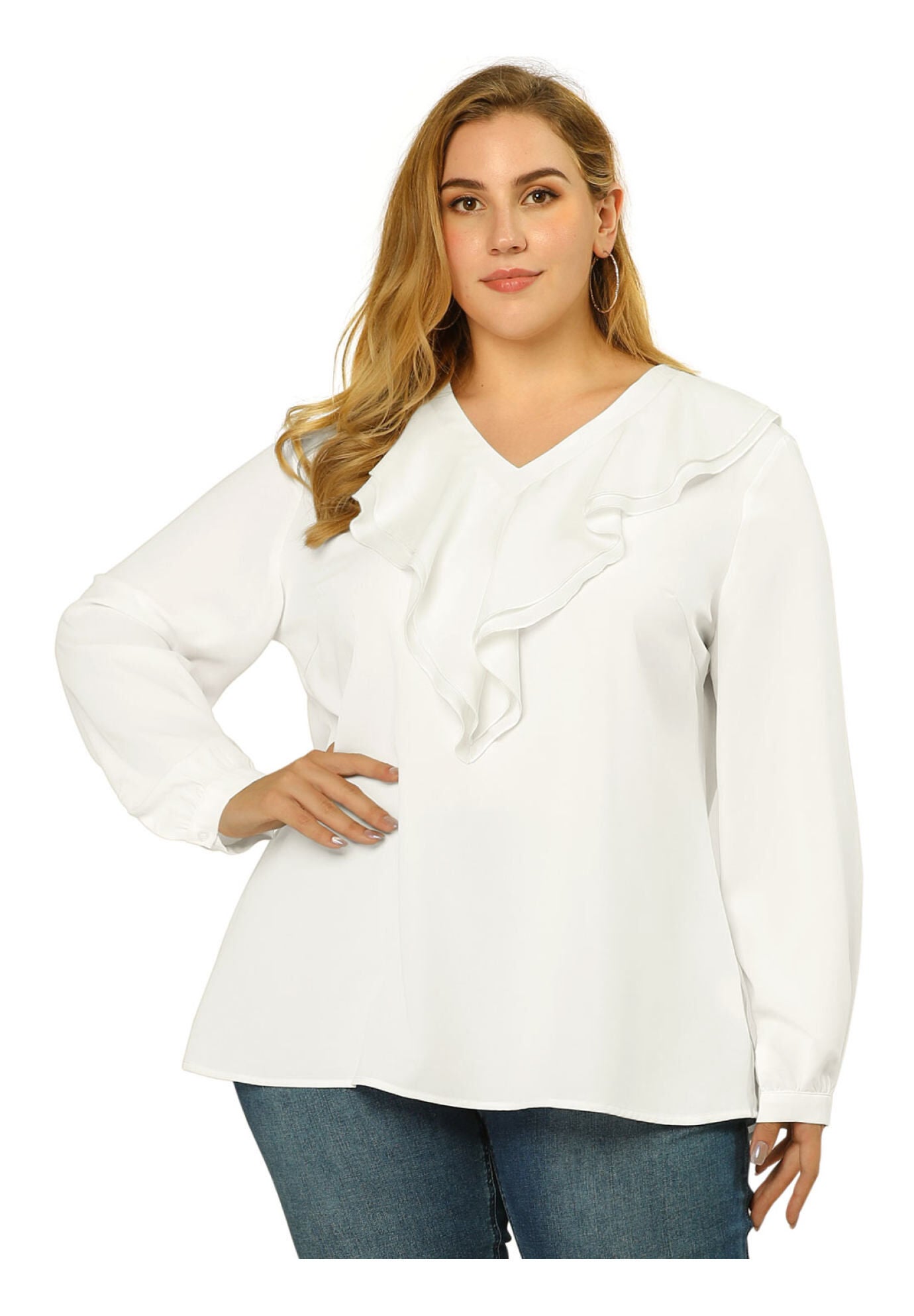 RUFFLE BLOUSE CHIFFON V NECK LONG SLEEVE SHIRT TOP, White / White, alternate image number 2