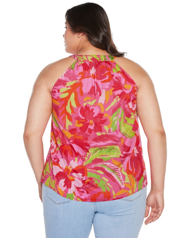 Plus Size Abstract Floral Tie-Neck Sleeveless Top, , alternate image number null