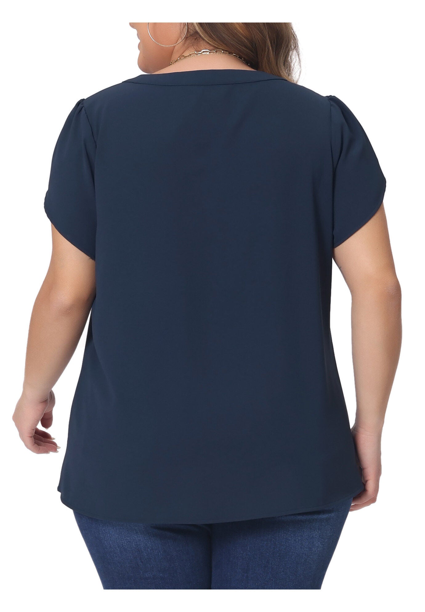 Notched V Neck Short Petal Sleeve Shirt Top, Dark Blue / Navy, alternate image number 3