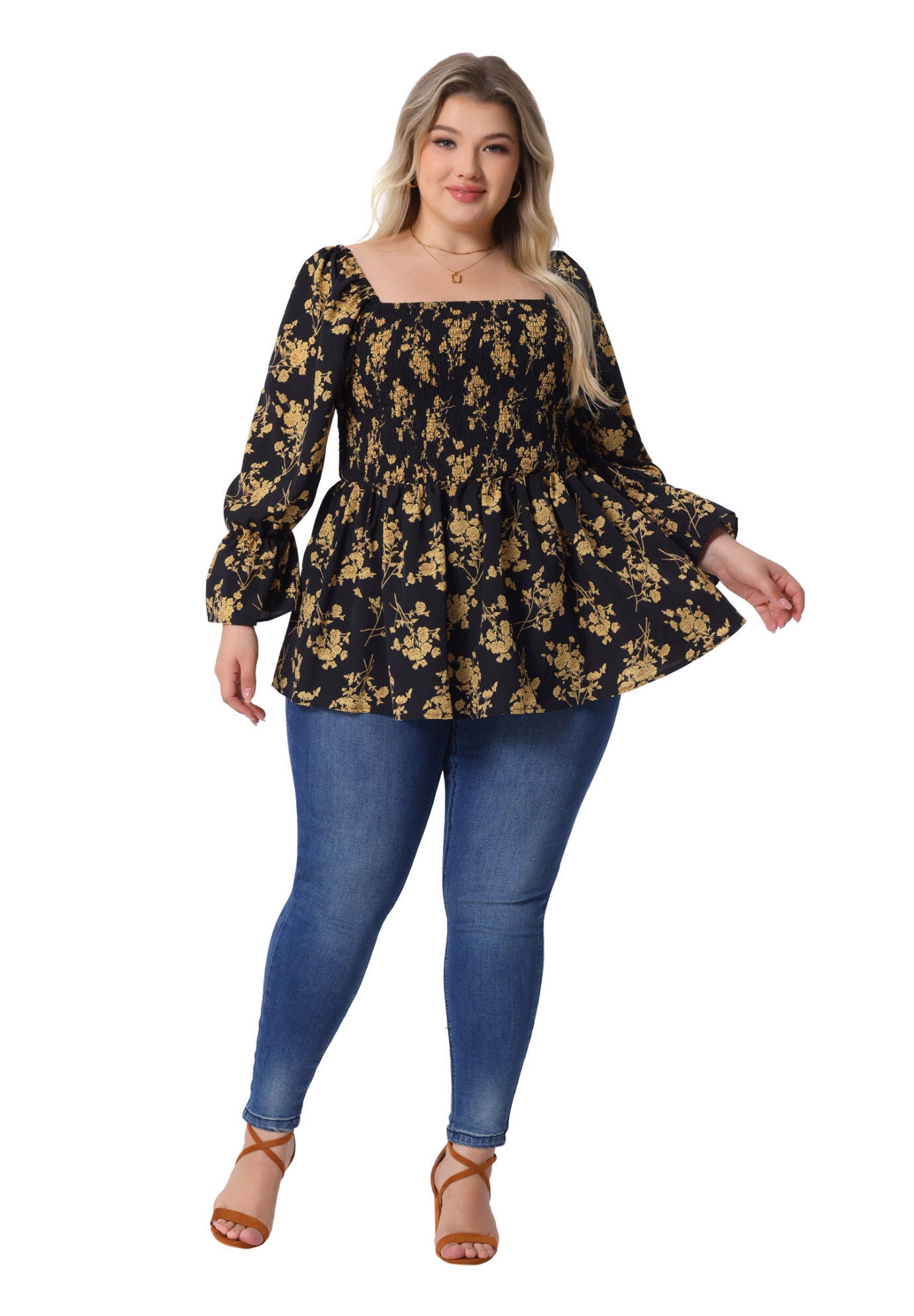 Floral Square Neck Smocked Peplum Blouses Shirts, Black / Black, hi-res image number 0