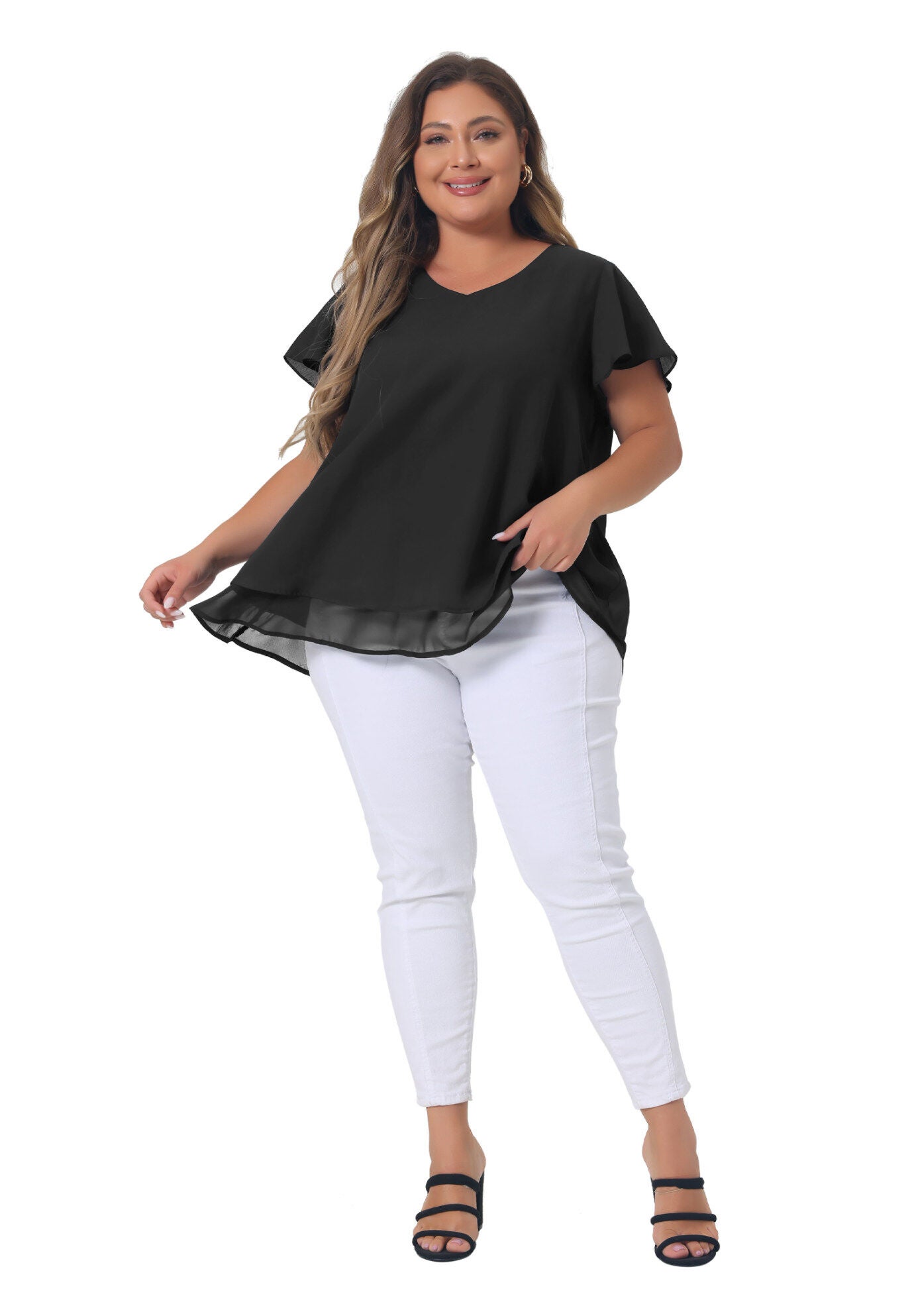 Summer Top Ruffle Short Sleeve V Neck Double Layered Hem Chiffon Blouse, Black / Black, hi-res image number 0