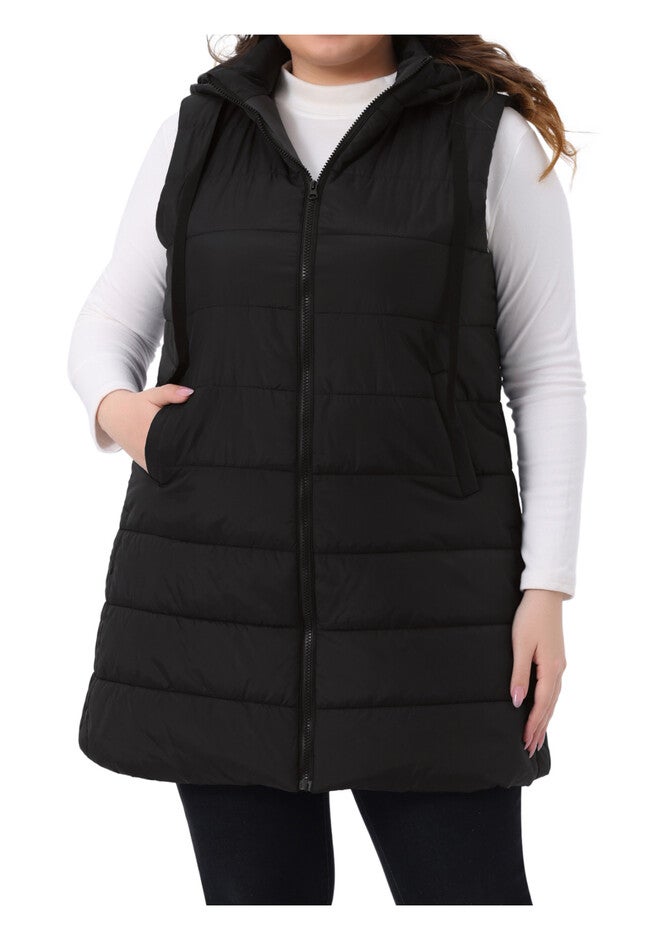 Long Puffer Hooded Quilted Vest with Pockets, Black / Black, alternate image number 1