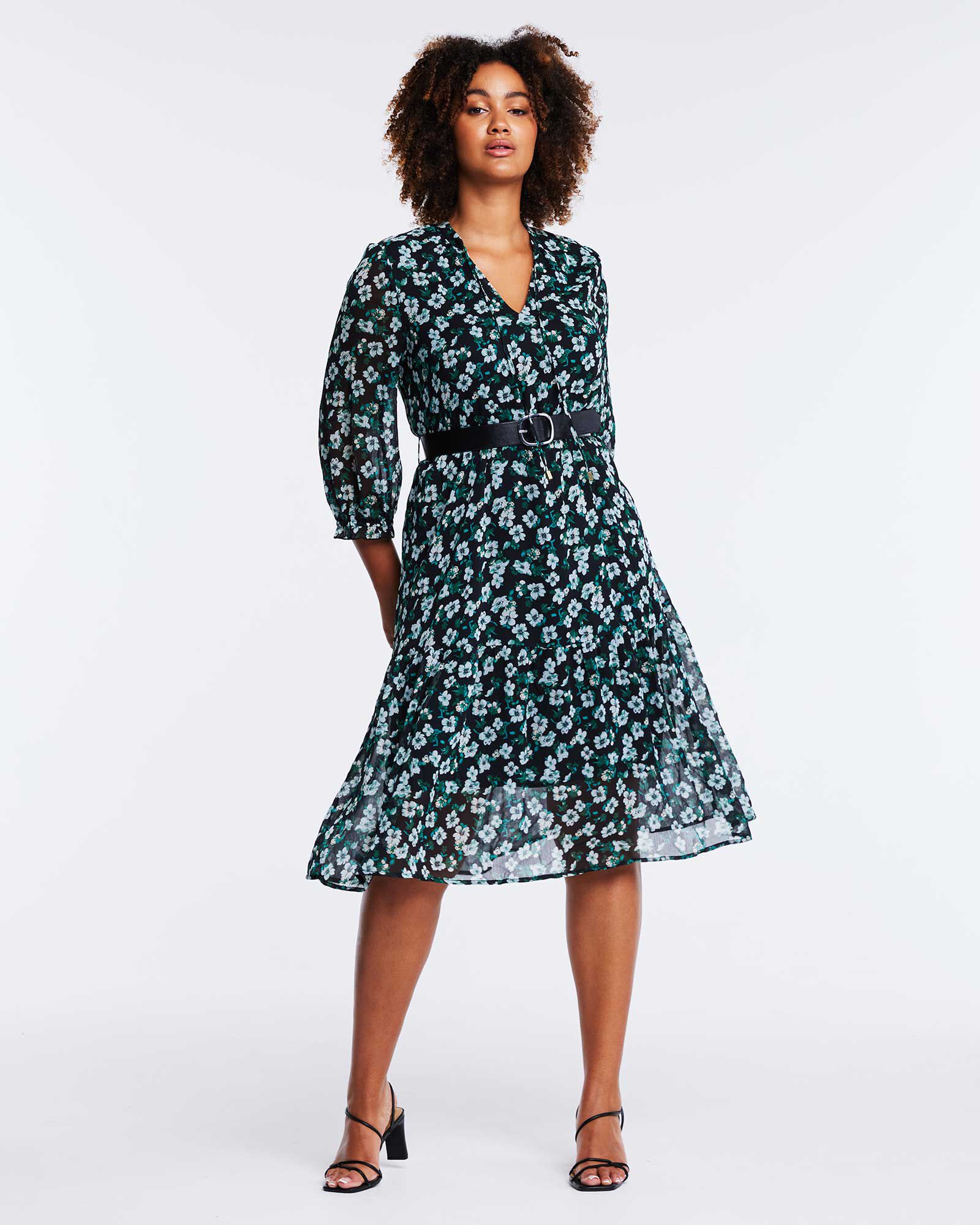 Evergreen Floral Belted Midi Dress, , alternate image number 6