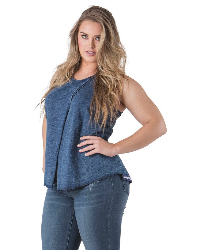 Plus Size Brandie Cross Over Sleeveless Indigo Knit Tank Top, , alternate image number null