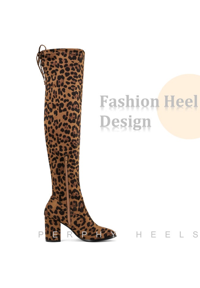 Round Toe Chunky Heel Over the Knee Boots, Leopard / Brown, alternate image number 2