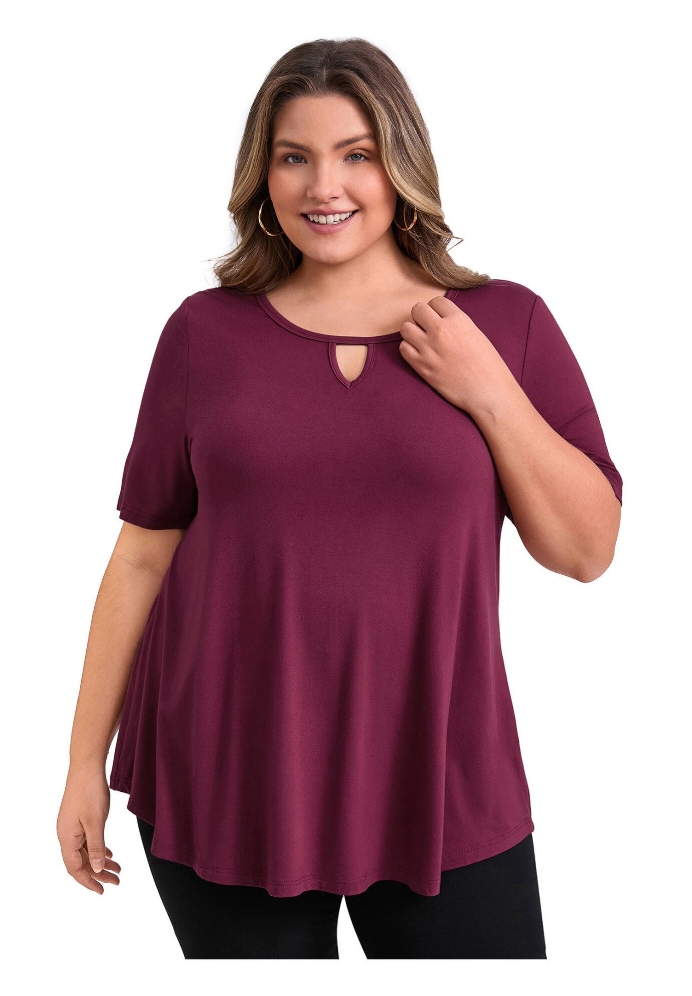 Knit Keyhole V Neck Short Sleeve Swing Tunic Blouse, Burgundy / Burgundy, hi-res image number 0