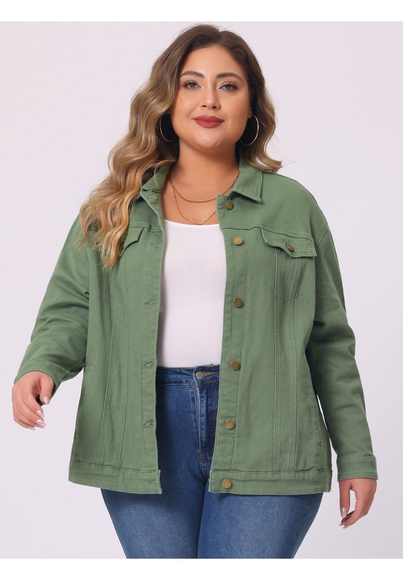 STITCHING BUTTON FRONT WASHED DENIM JACKET, Green / Olive Green, alternate image number 1