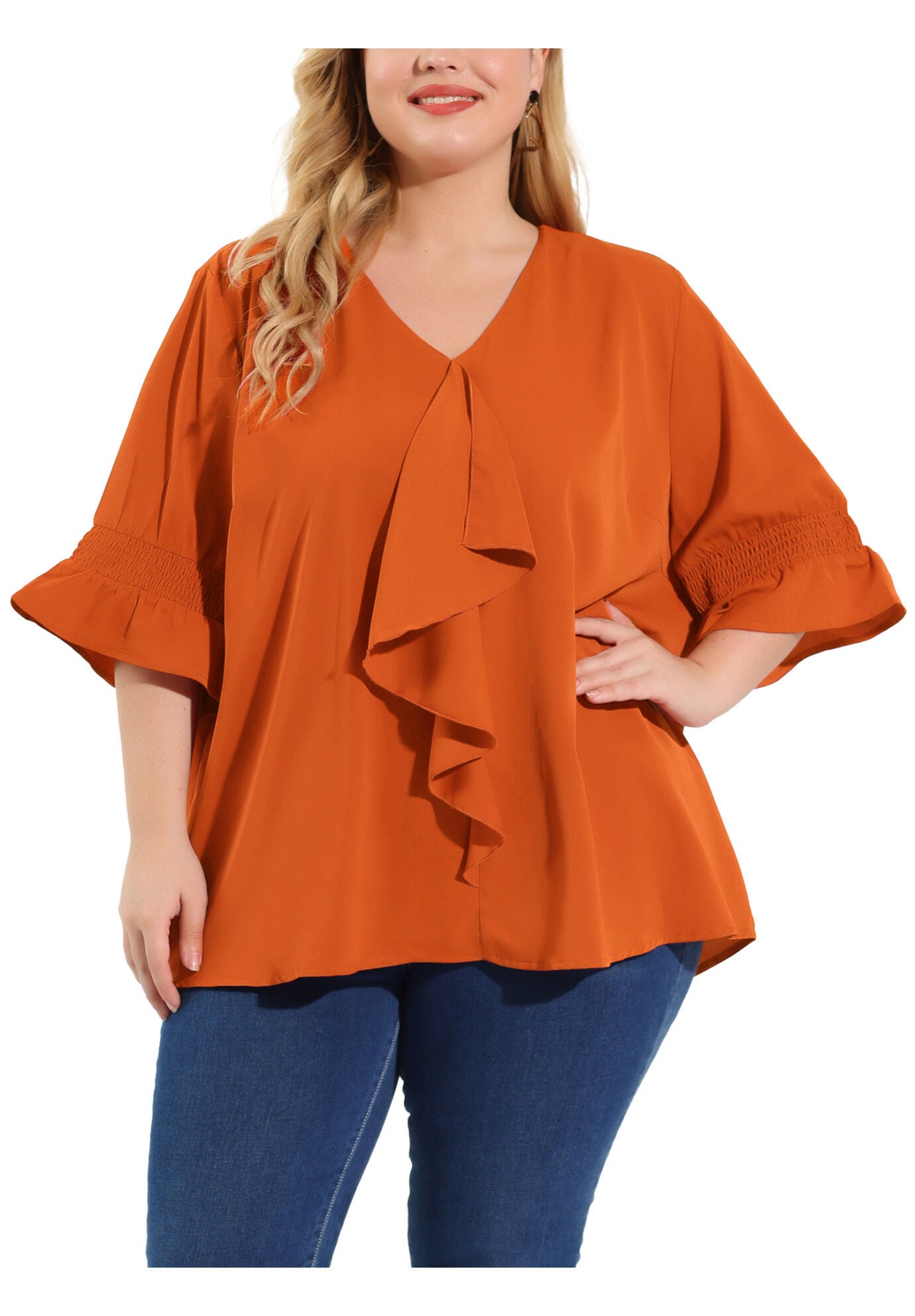 Ruffle Blouse V Neck Smocked Sleeves Top, Caramel / Orange, alternate image number 2