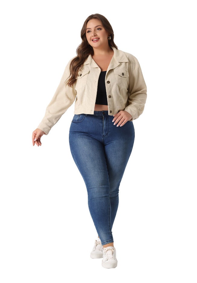 CORDUROY CROPPED BUTTON DOWN LONG SLEEVE SHIRT SHACKET JACKET, Apricot / Cream, hi-res image number null