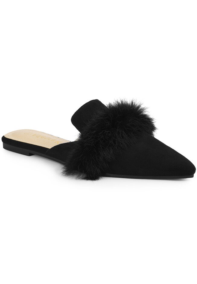 Pointed Toe Faux Fur Slip on Flat Slide Mules, Black / Black, hi-res image number 0