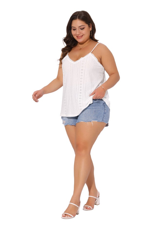 Summer Eyelet Jersey V Neck Cami Tops, White / White, hi-res image number 0