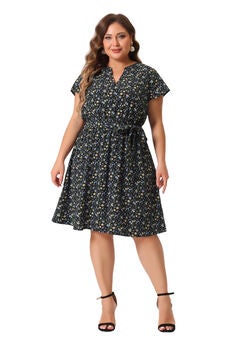 V Neck Belted Summer Floral Dress
