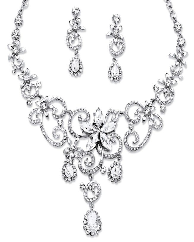 Swirl and Flower Crystal Necklace and Earrings 2-Piece Set Platinum-Plated, White / White, hi-res image number 0